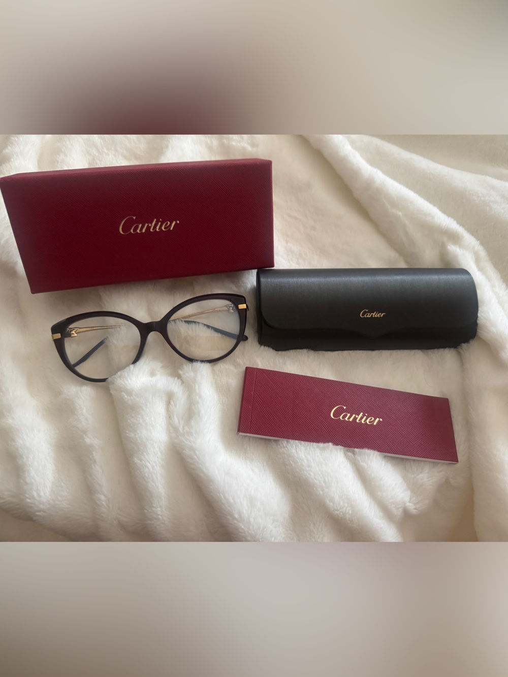 Authentic Cartier Burgundy & Gold Women's Optical Glasses w/ Red Cartier Boxes